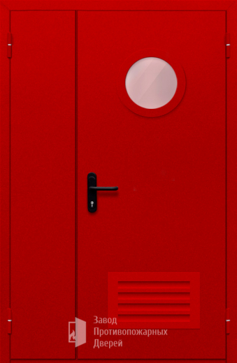 Фото двери «Полуторная с круглым стеклом и решеткой (красная)» в Перми